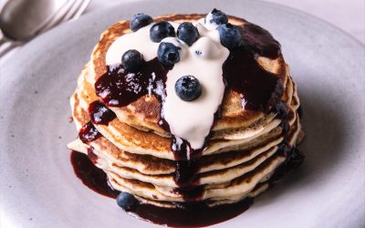 Pancakes with Blueberries and Island Berries Blueberry Coulis